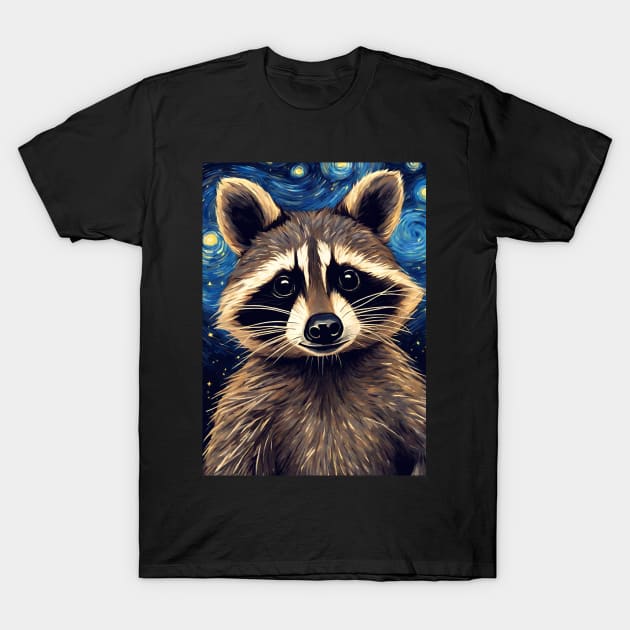 Cute Raccoon Animal Portrait Painting in a Van Gogh Starry Night Art Style T-Shirt by Art-Jiyuu